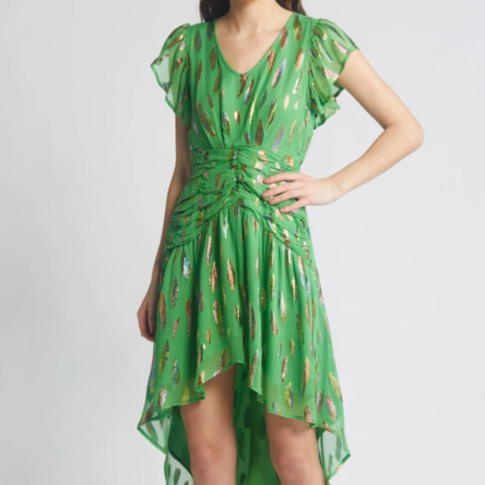 CIEBON Women's Palmina Metallic Leaf Print High-Low Dress Green - M